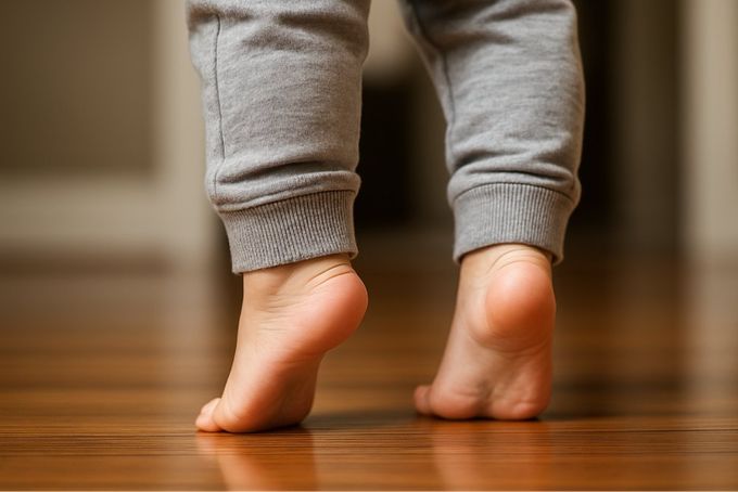 A close up of toddler feet while they are toe walking.
