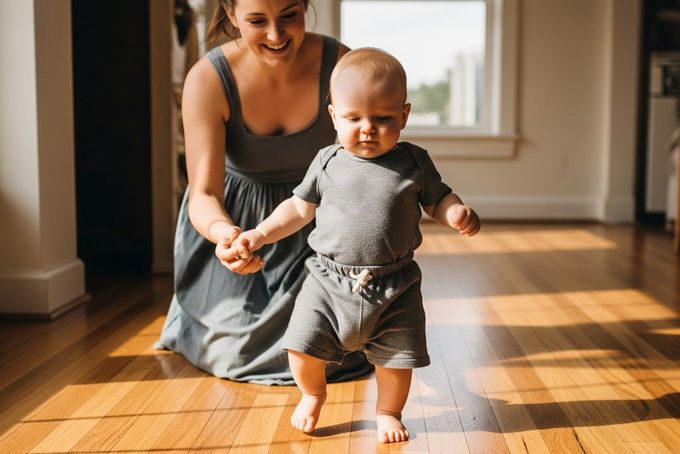 A toddler walking on his toes while his mother is holding him.