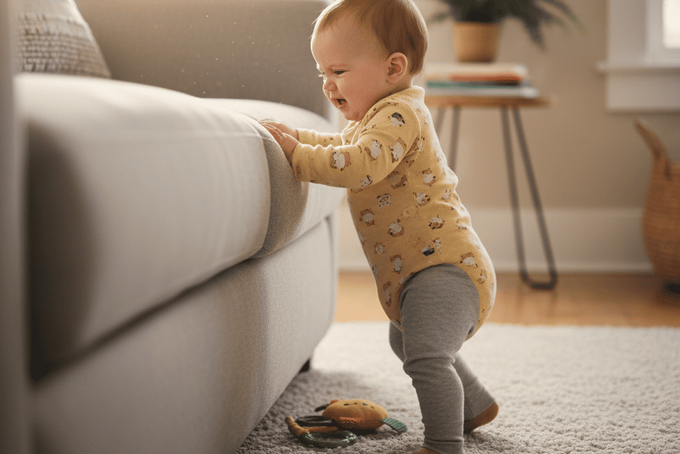 Cruising Baby: How to Help Your Little One Find Their Balance A baby trying to pull to stand to start cruising.