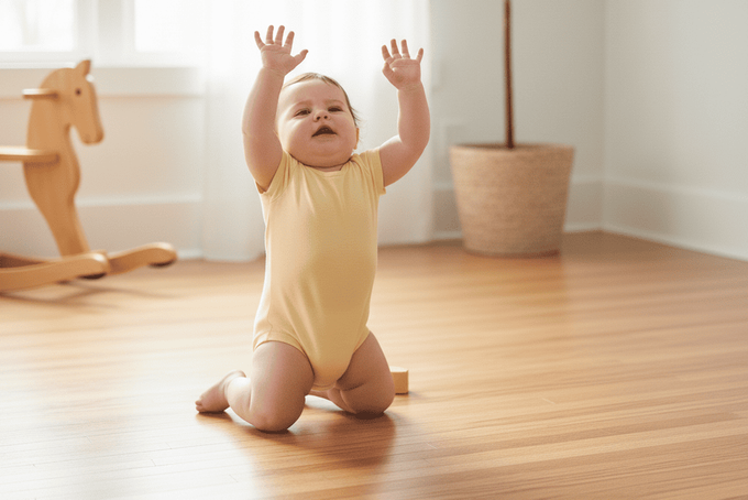 A baby trying to pull up to stand without help.