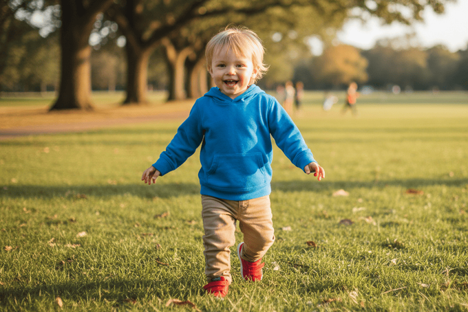 A little boy with clubfeet running in a park.