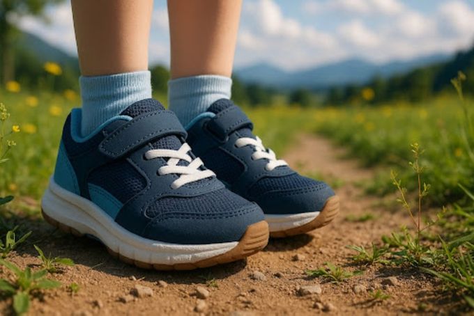A child's feet in a pair of arch support shoes.