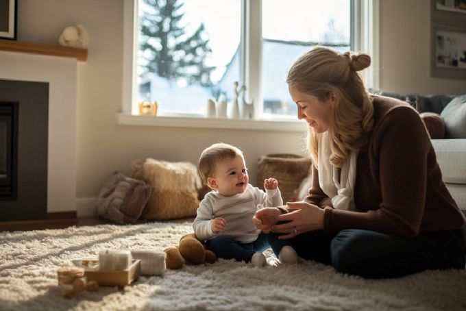 A woman sitting on the floor playing with a baby.