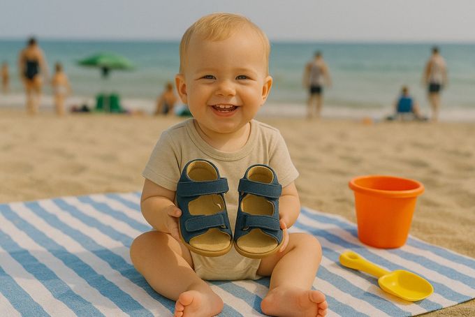 A toddler holding summer sandals.
