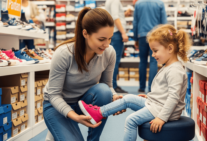 A mother helping her little one try on shoes to support her first step.