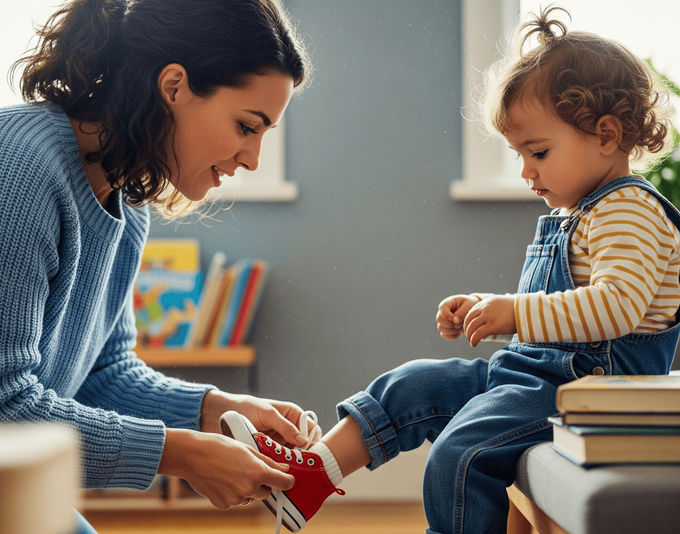 A woman putting on shoes for her toddler who walks on their tippy toes.