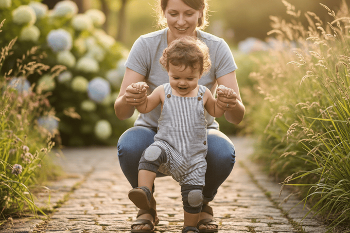 A woman helping her little one find their balance to start walking.