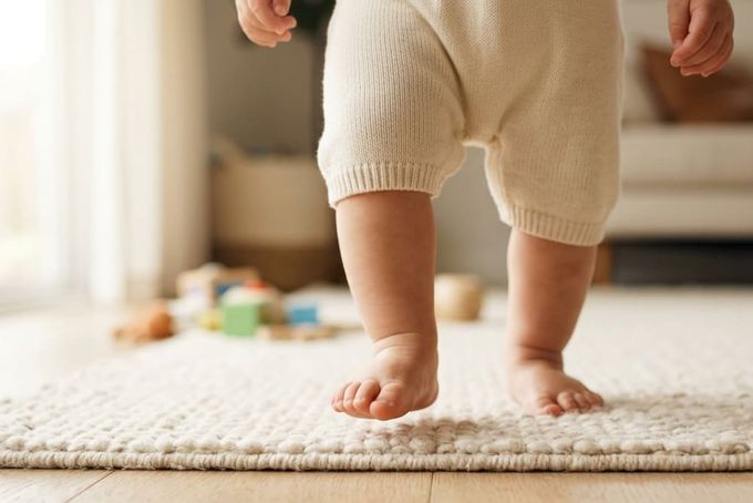 A toddler walking barefoot.