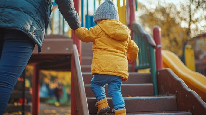 A photograph of a toddler walking up a set of stairs in a playground.