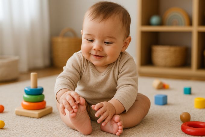 A baby sitting on the floor with various items helping support the baby's development milestones.