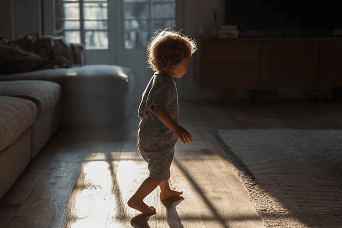 A small child with stinky feet walking barefoot.