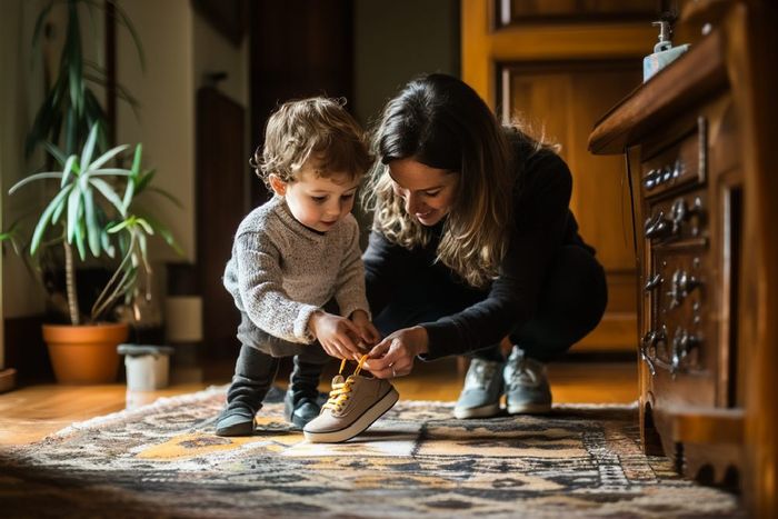 A mom helping her son put on an orthopedic shoe.