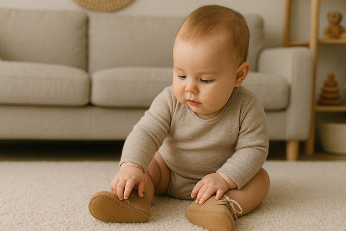 A 6 month old sitting on the floor while wearing shoes.