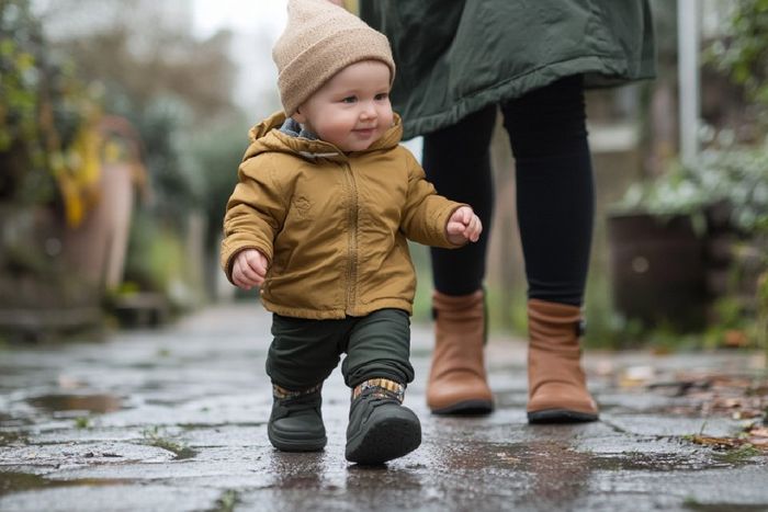 A 12-month old running outside.