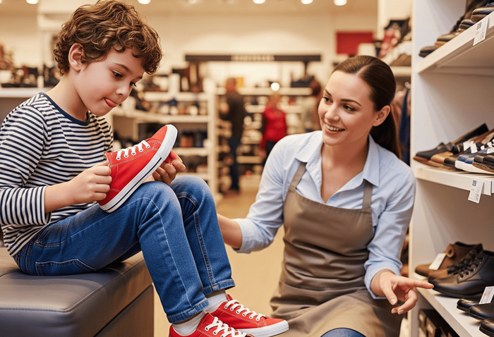 A kid with sensory issues trying on orthopaedic shoes.