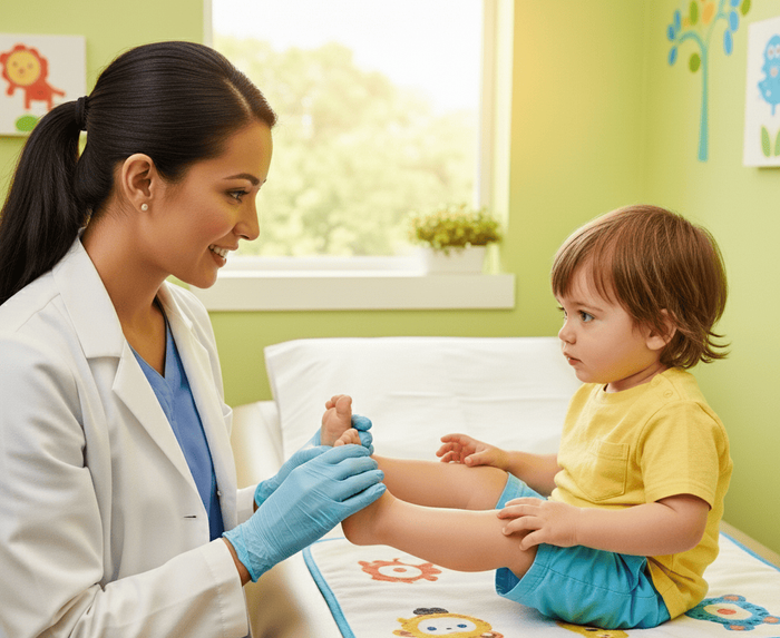 A podiatrist examining a toddler who has wide feet.