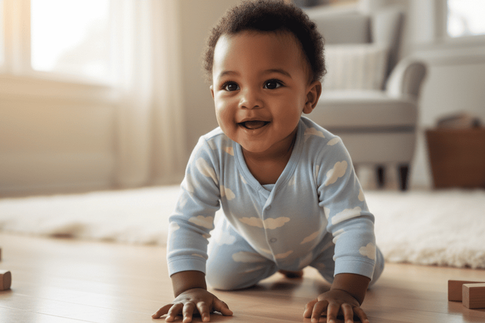 A baby crawling on the floor being encouraged to start walking..