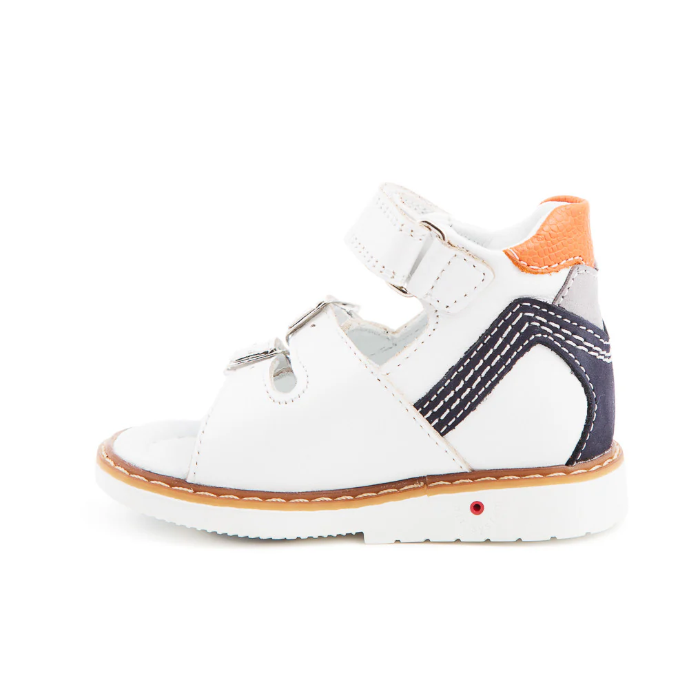 a white shoe with a blue and orange stripe