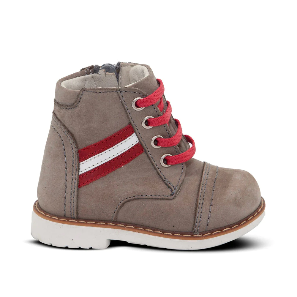 a child's boot with red and white stripes | HUGH THE EXPLORER grey orthopedic high-top boots
