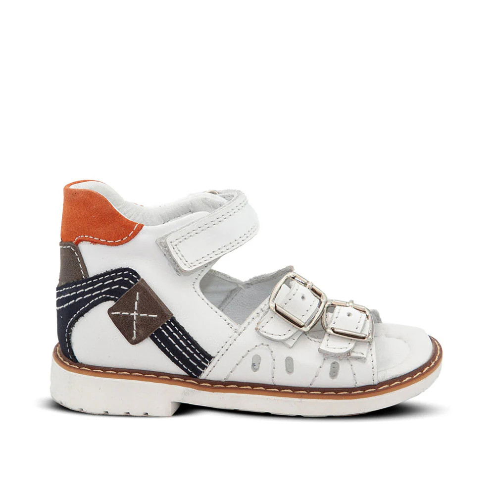 a child's white shoe with two straps