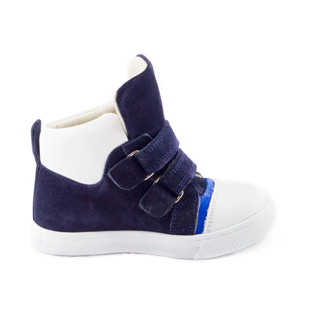 a white and blue sneaker with two straps