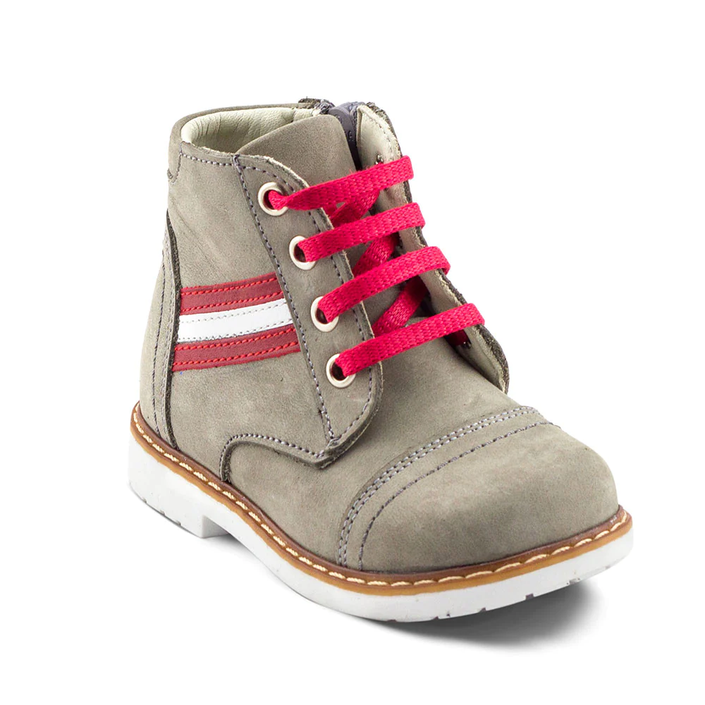a child's boot with a red and white stripe on the side | HUGH THE EXPLORER grey orthopedic high-top boots