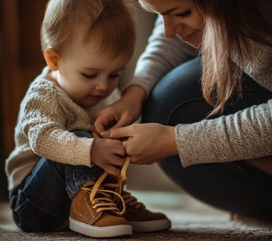 a woman and a child playing with a shoe