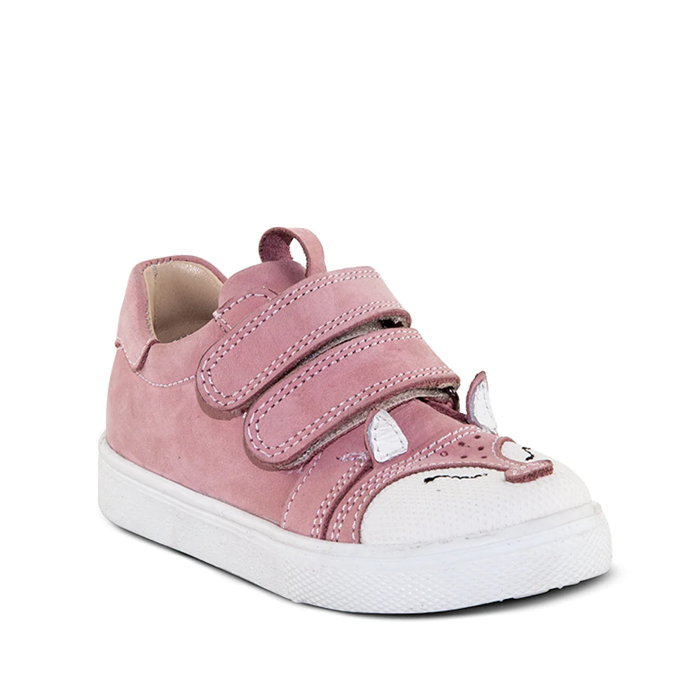 A little girl's pink sneaker with two straps angle view