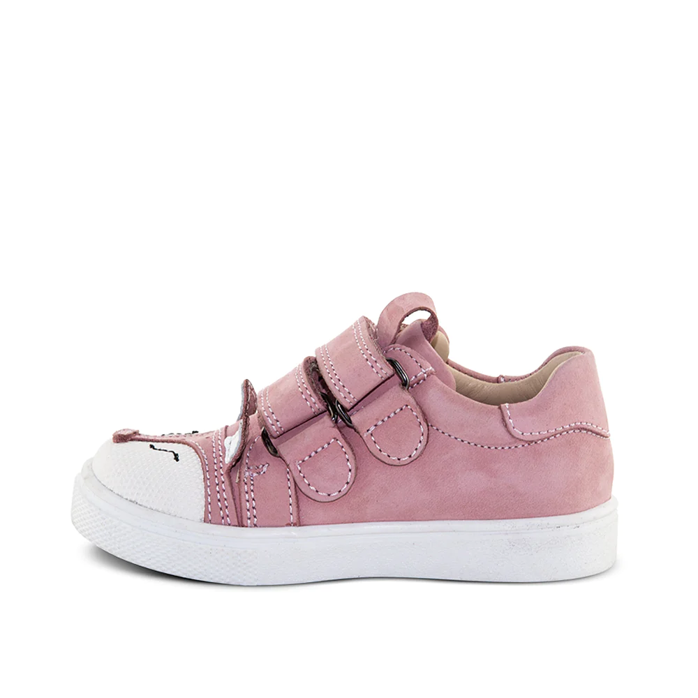 A child's pink sneaker with two straps - side view