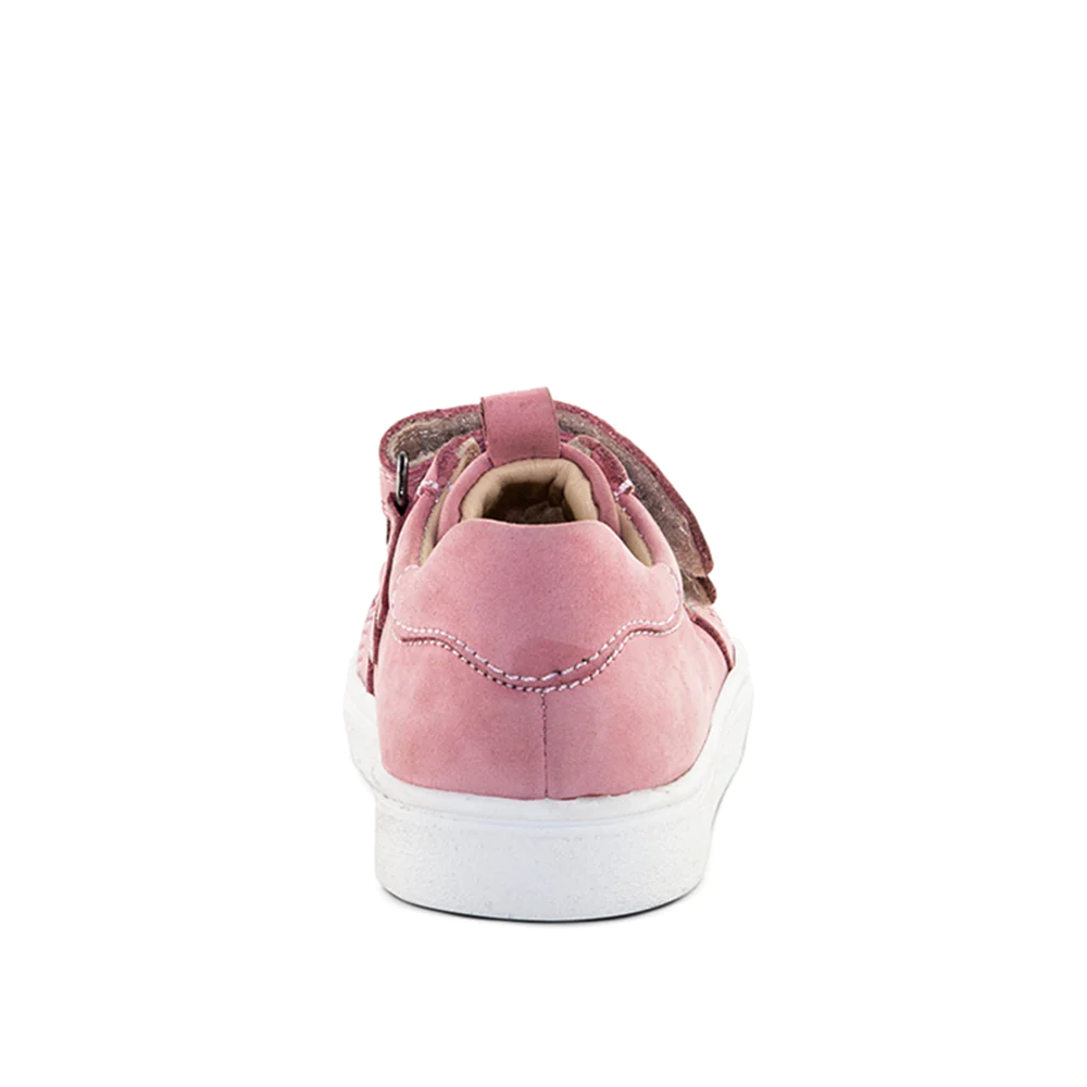 a pink sneaker with a white sole - rear view
