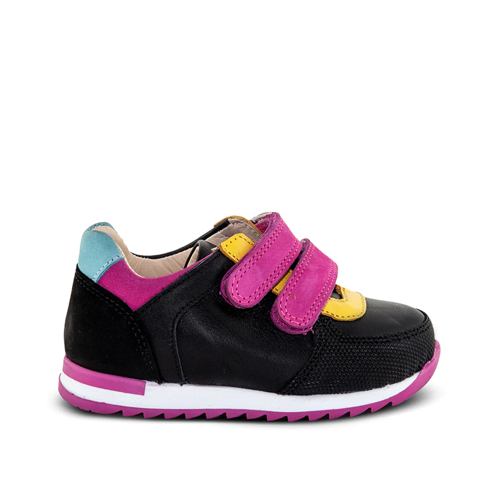 A child's black and pink sneaker with two straps