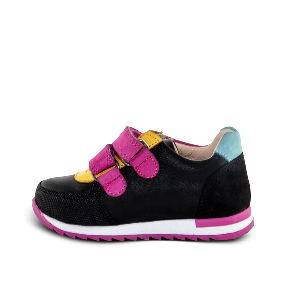 A child's black and pink shoe with two straps