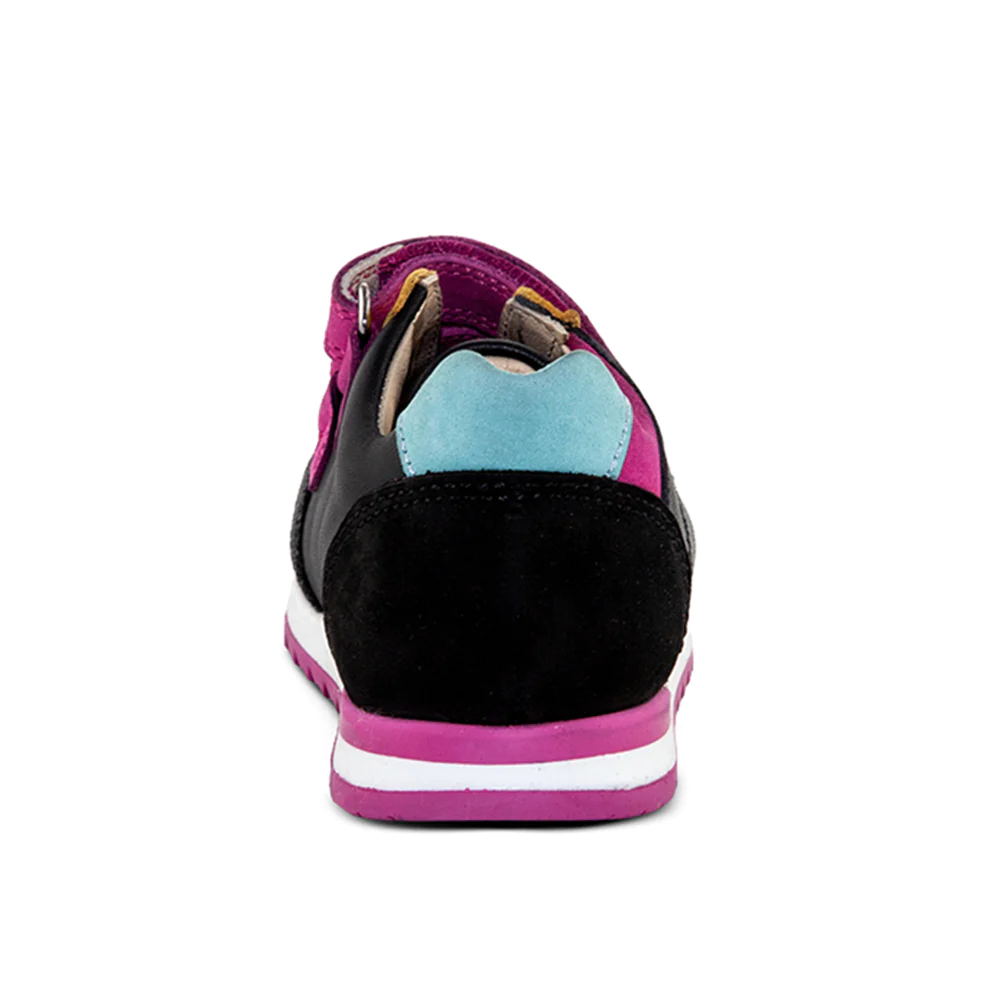 A black, pink, and blue child's sneaker