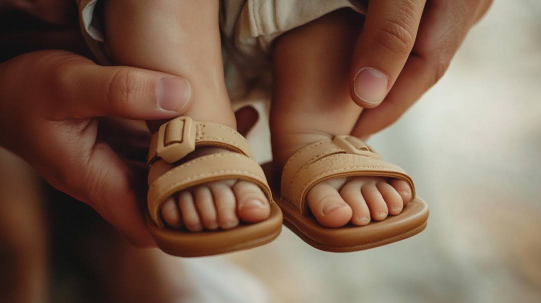 A person holding a baby's foot in their hands.