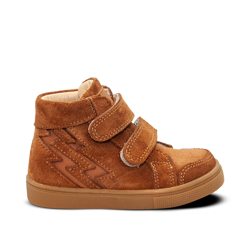 a child's brown shoe with two straps