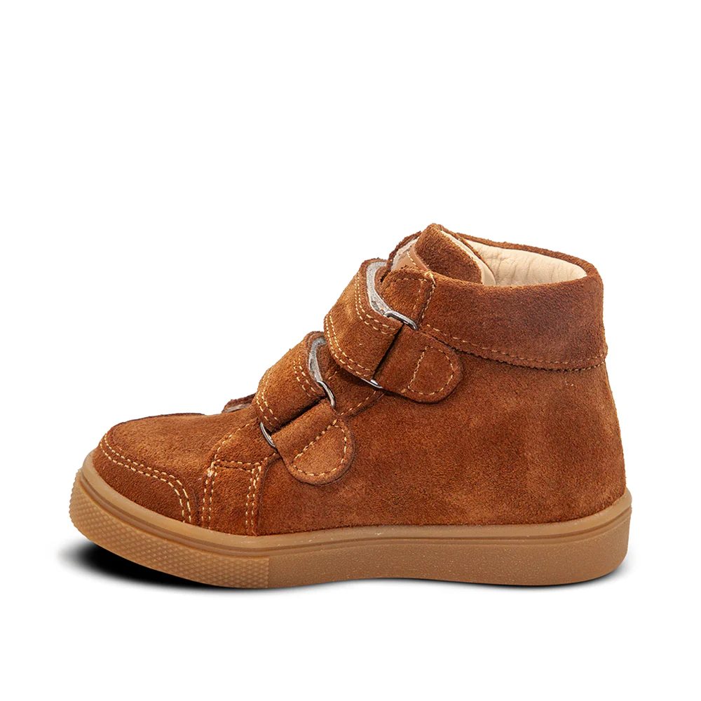 a child's brown shoe with two straps