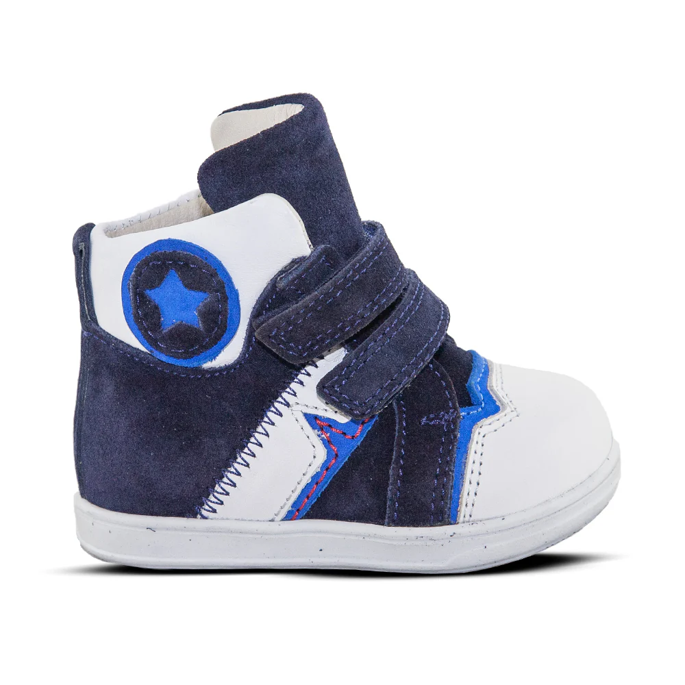 a blue and white sneaker with a star on the side