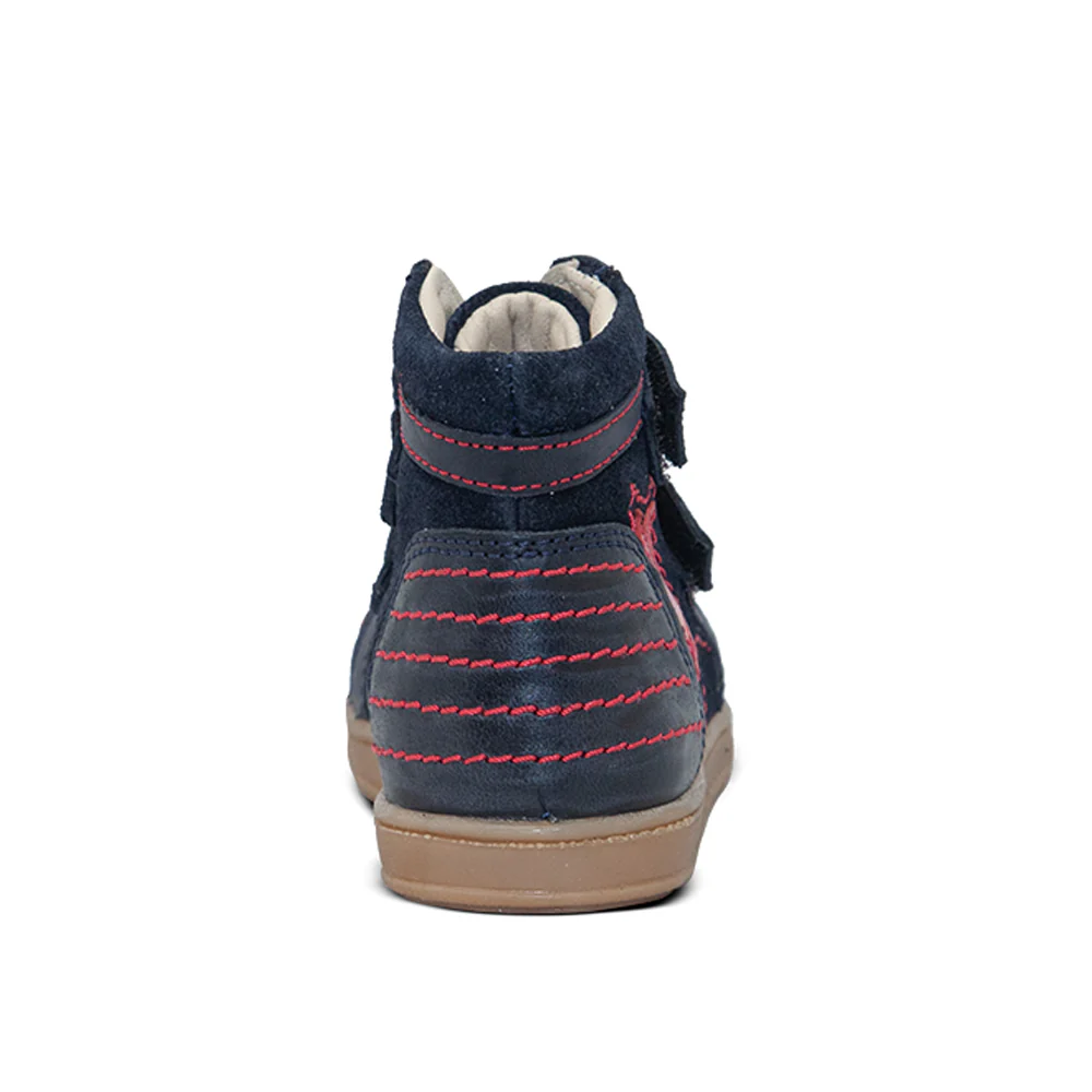 a pair of blue shoes with red stripes