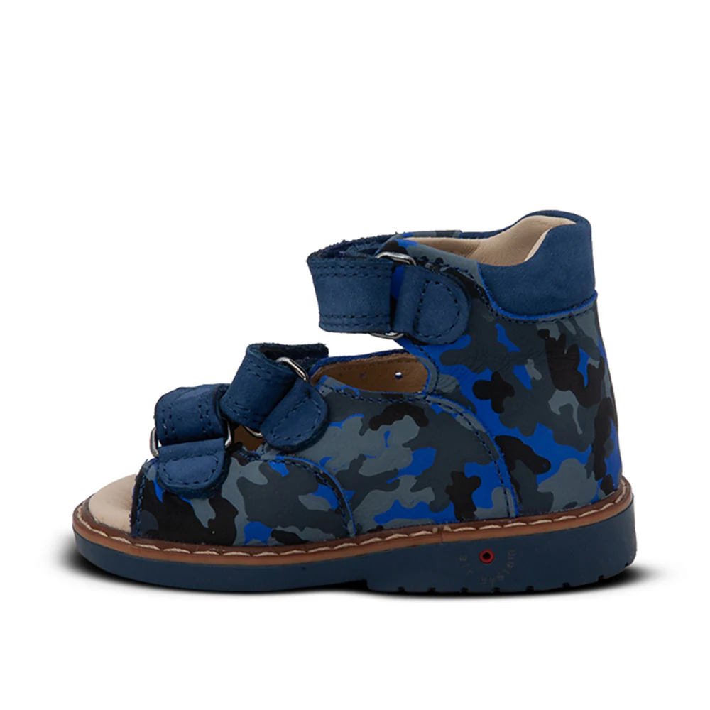 a little boy's blue camo sandals