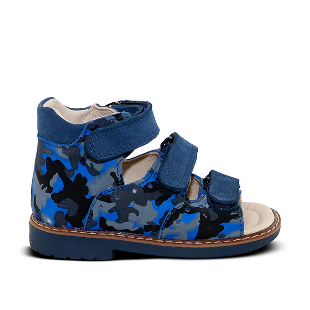 a toddler's blue camo sandal with two straps