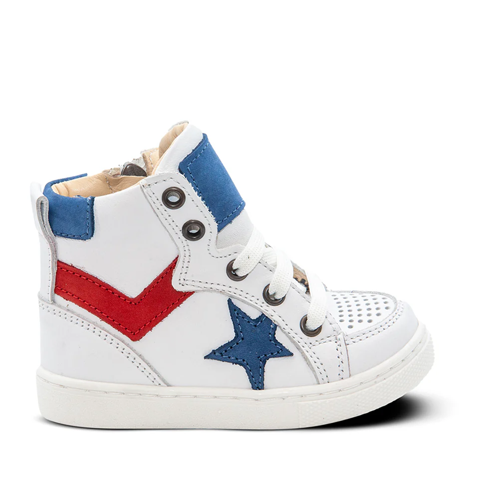 a child's white and blue high top sneaker