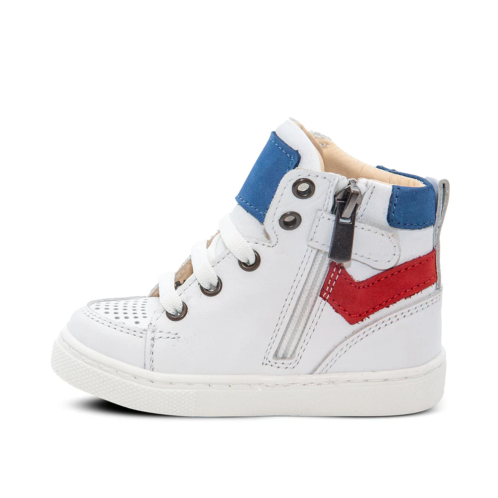 a child's white and red high top sneaker