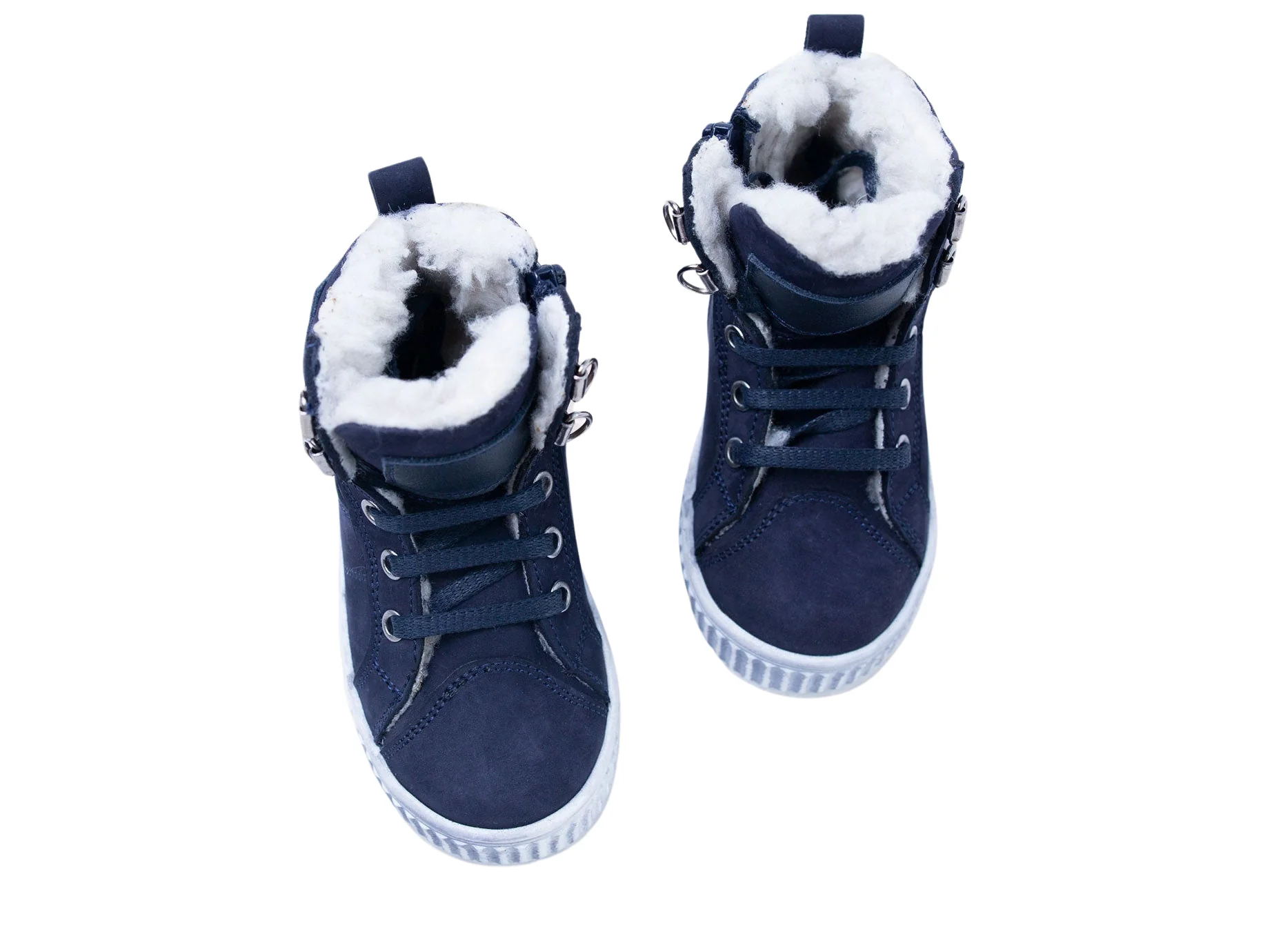 a pair of blue shoes with a fur lined top
