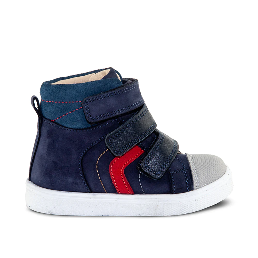 A child's blue and red high top sneaker