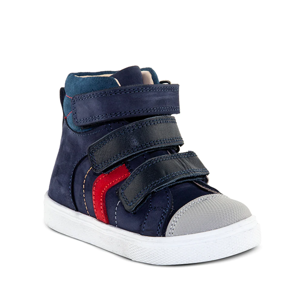 A child's blue and red high top sneaker