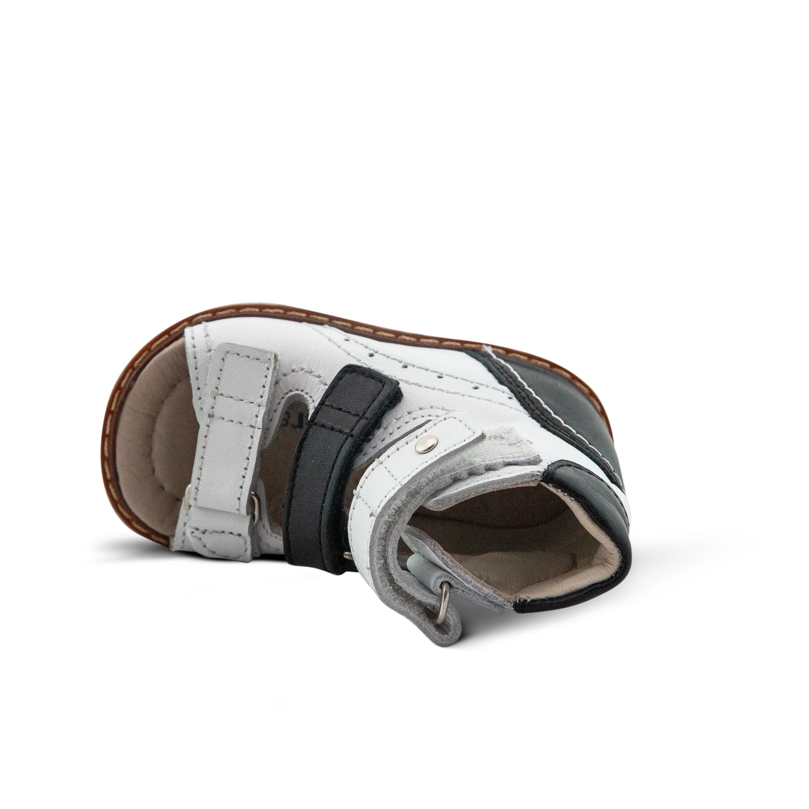 A white and black kids' sandal with two straps