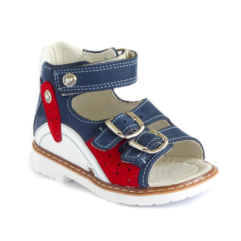 A child's sandal with a red, white and blue color scheme
