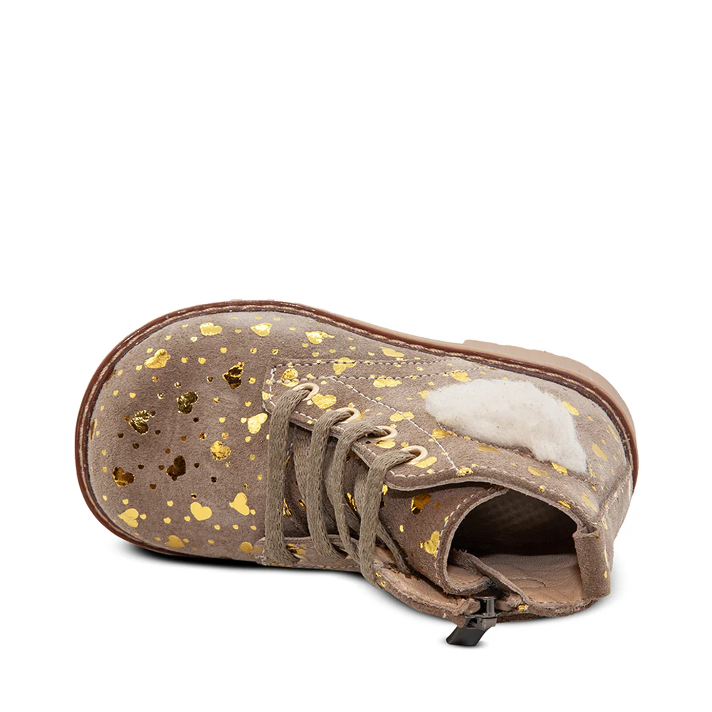 a pair of brown shoes with gold speckles