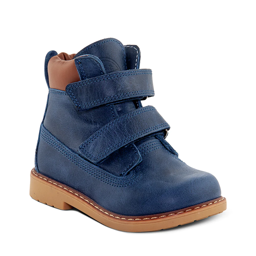 A child's blue boot with two straps