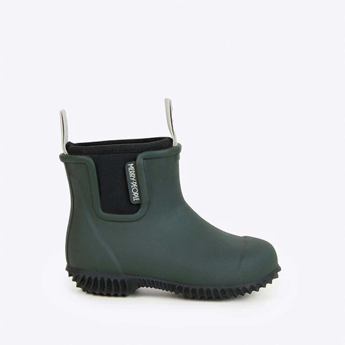 A pair of green rubber boots with black soles.